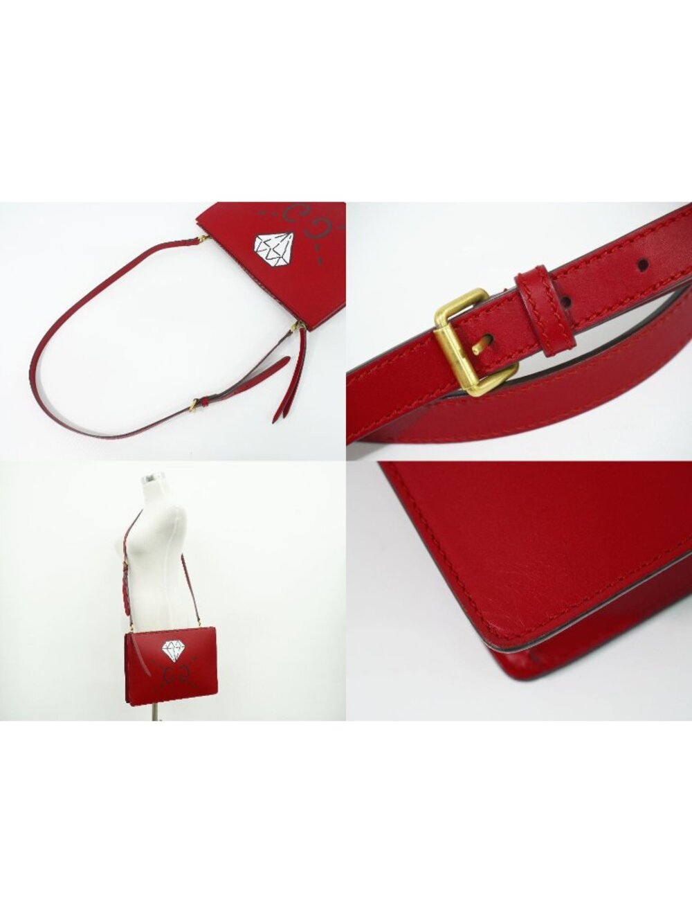 Gucci strike 2-Way Shoulder Bag Pochette Clutch Leather Red Ghost Second - Picture 6 of 9